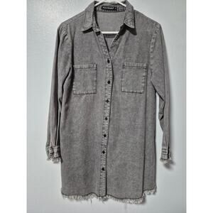 Zilcremo Denim Shirt Dress Women's Large Gray Long-sleeved Button-Up Raw Hemline